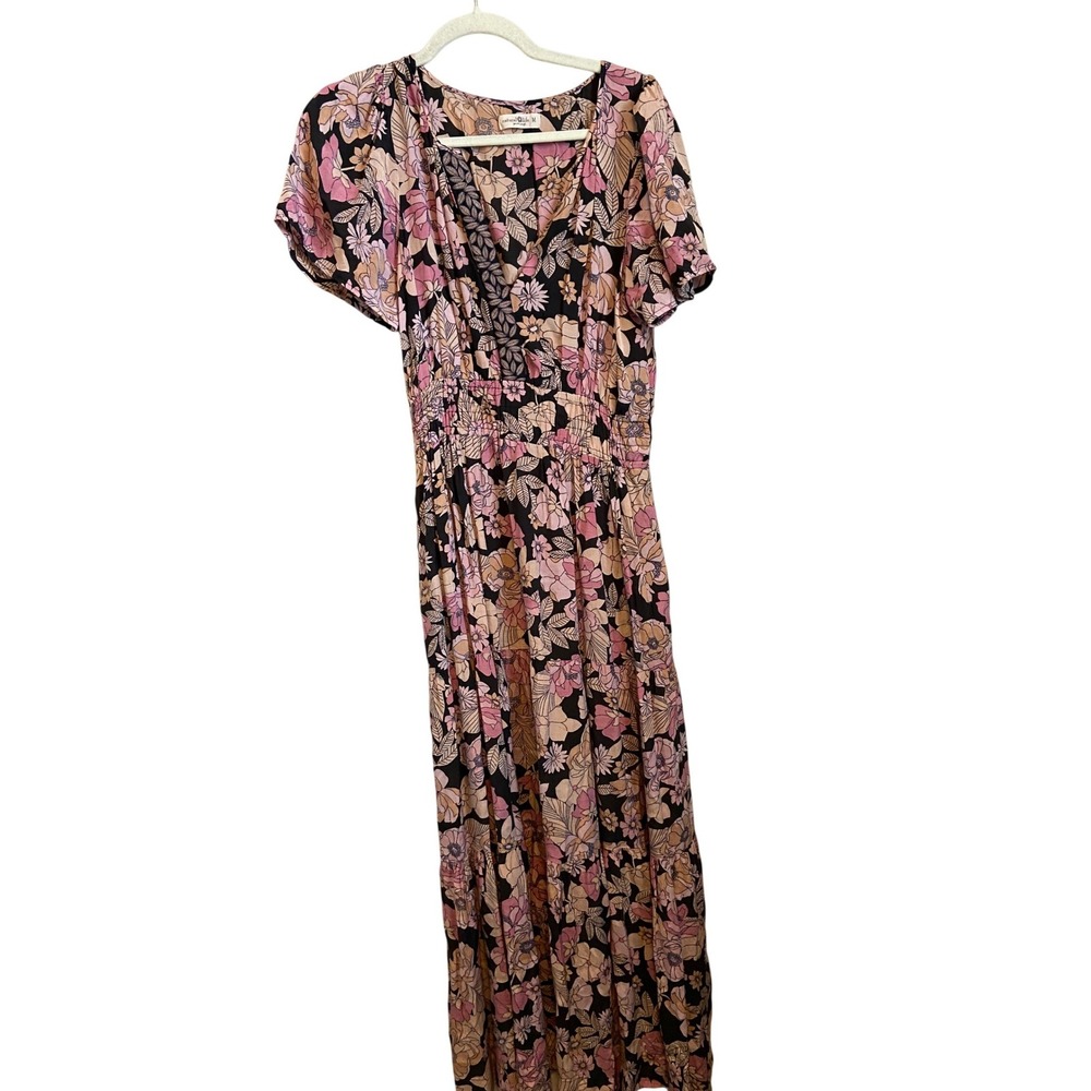 Natural Life Pink Floral Smocked Waist Tiered Maxi Dress Medium Short Sleeve